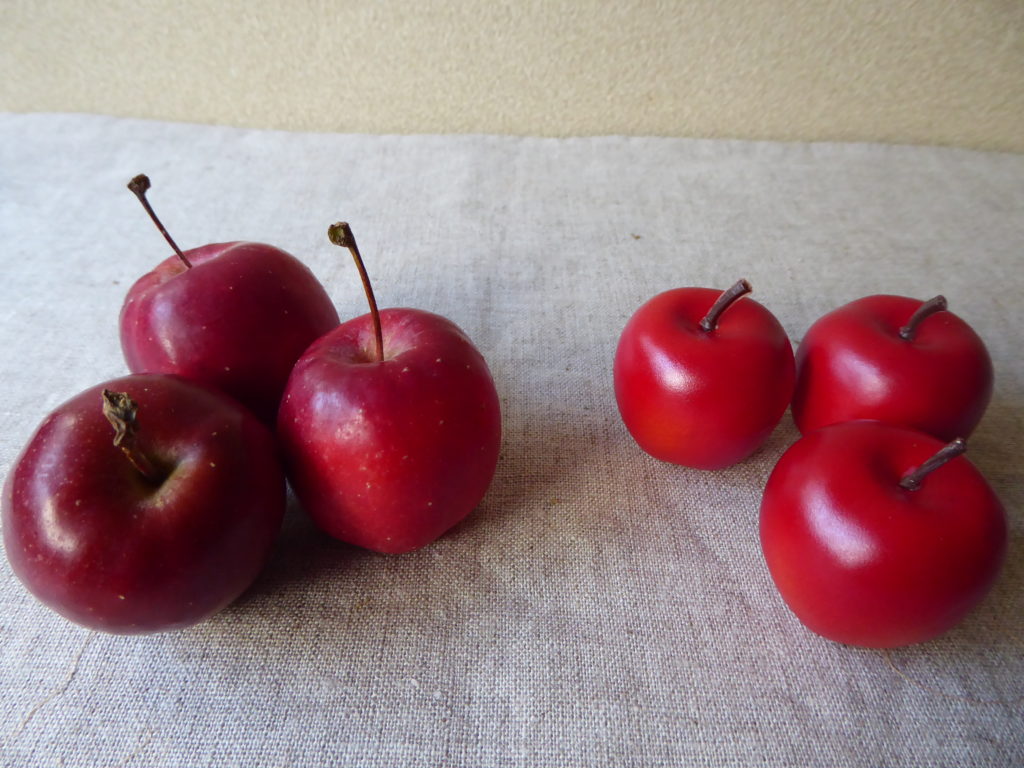 赤い姫リンゴとフェイクの赤い姫リンゴを並べた写真
